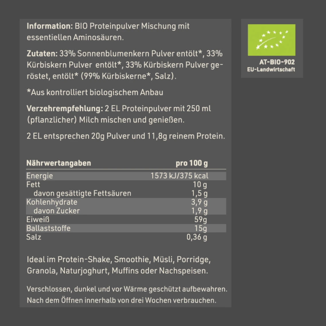Produktetikett "Bio Amino Power Protein" mit Inhaltsstoffen und -angaben