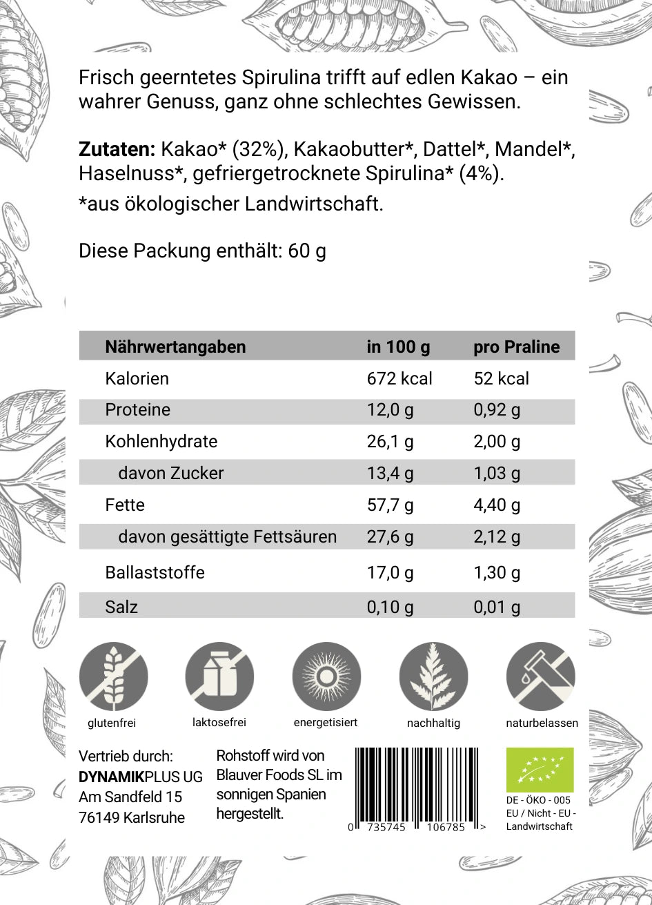 DYNAMIKPLUS "Schoko Spirulina" Nährwertangaben