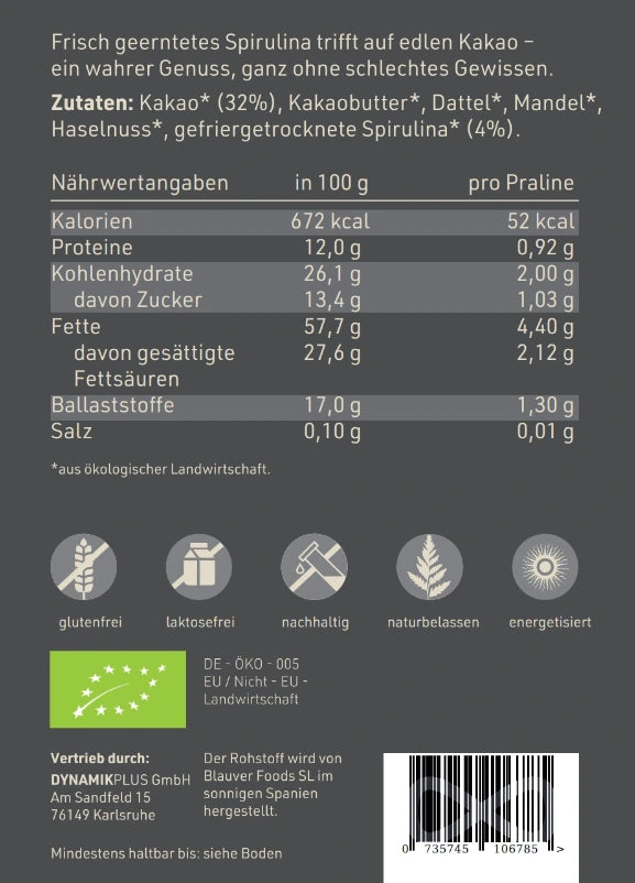 Bio Schoko Spirulina Pralinen Etikett Rückseite mit Inhaltsstoffen und -angaben