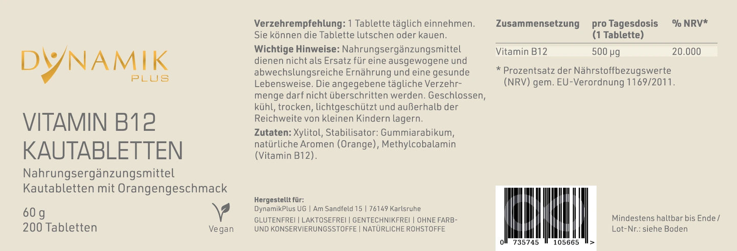 Produktetikett "Vitamin B12 Kautabletten" mit Inhaltsstoffen und -angaben