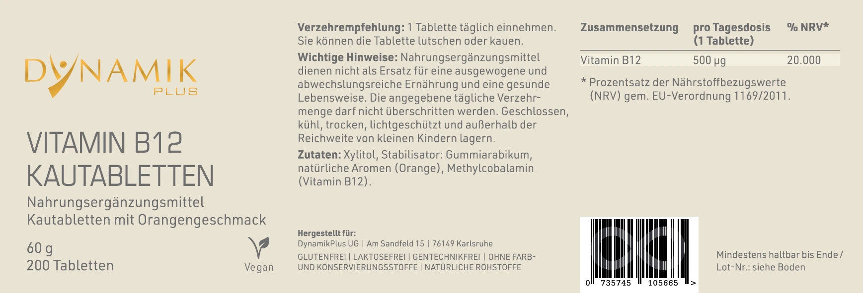 Produktetikett "Vitamin B12 Kautabletten" mit Inhaltsstoffen und -angaben