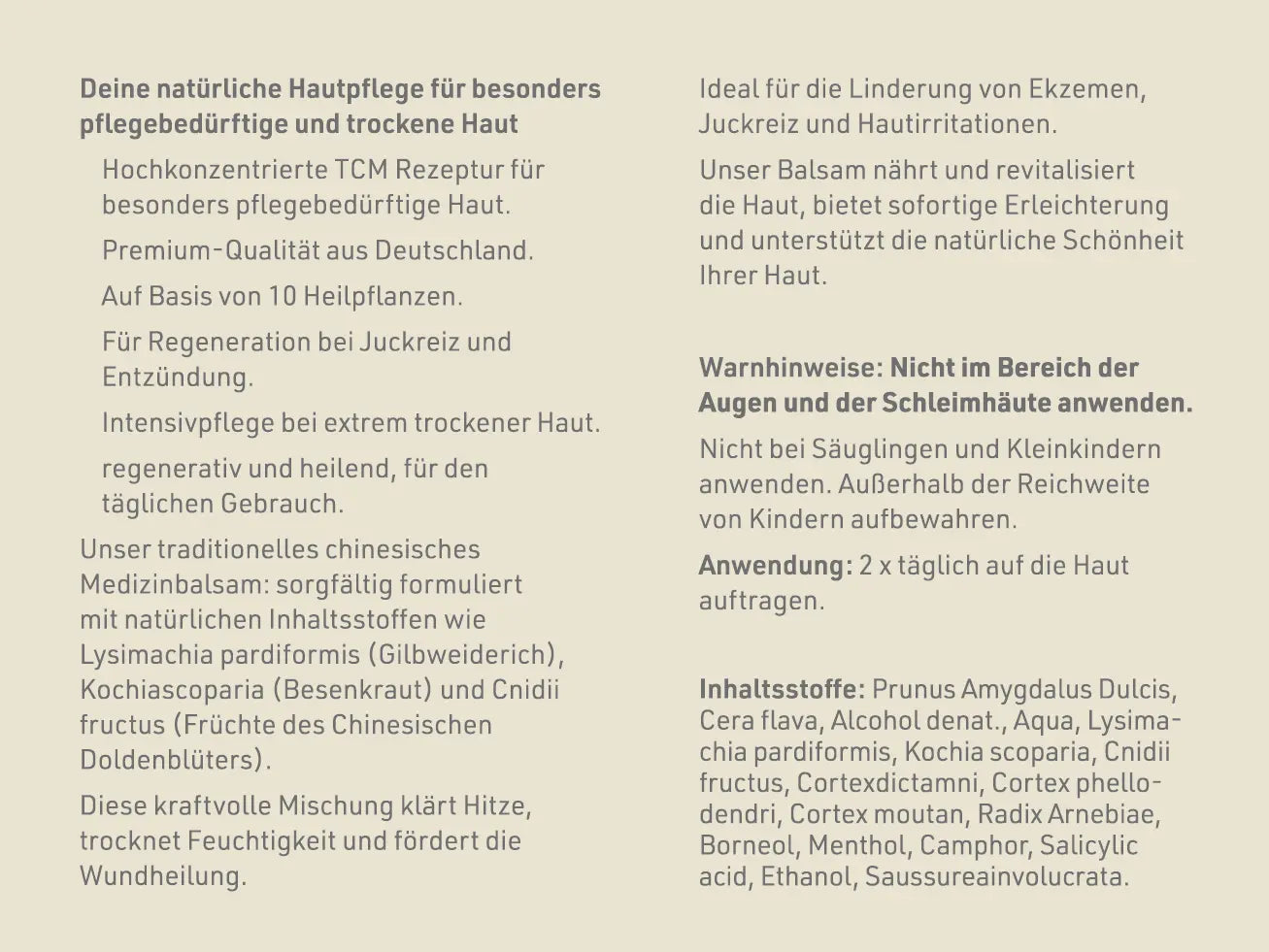 Inhaltsstoffe und Warnhinweise Etikett "TCM Balsam"