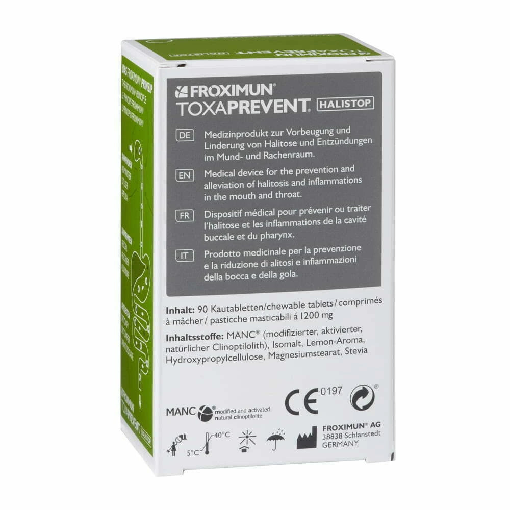 "TOXAPREVENT Halistop Zeolith Kautabletten" Verpackung Rückseite