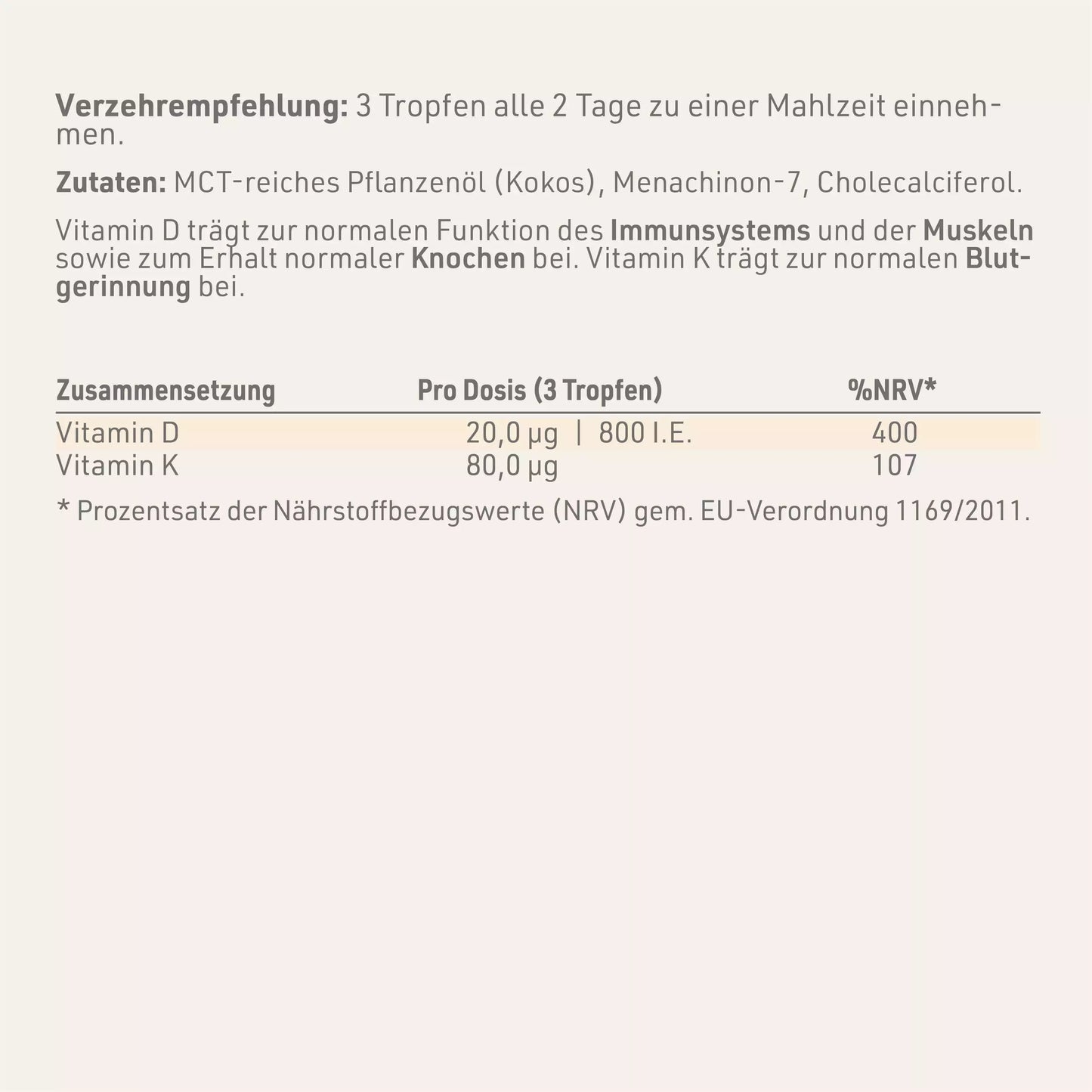 Produktetikett "Vitamin D3 + K2 Tropfen" mit Inhaltsstoffen und -angaben