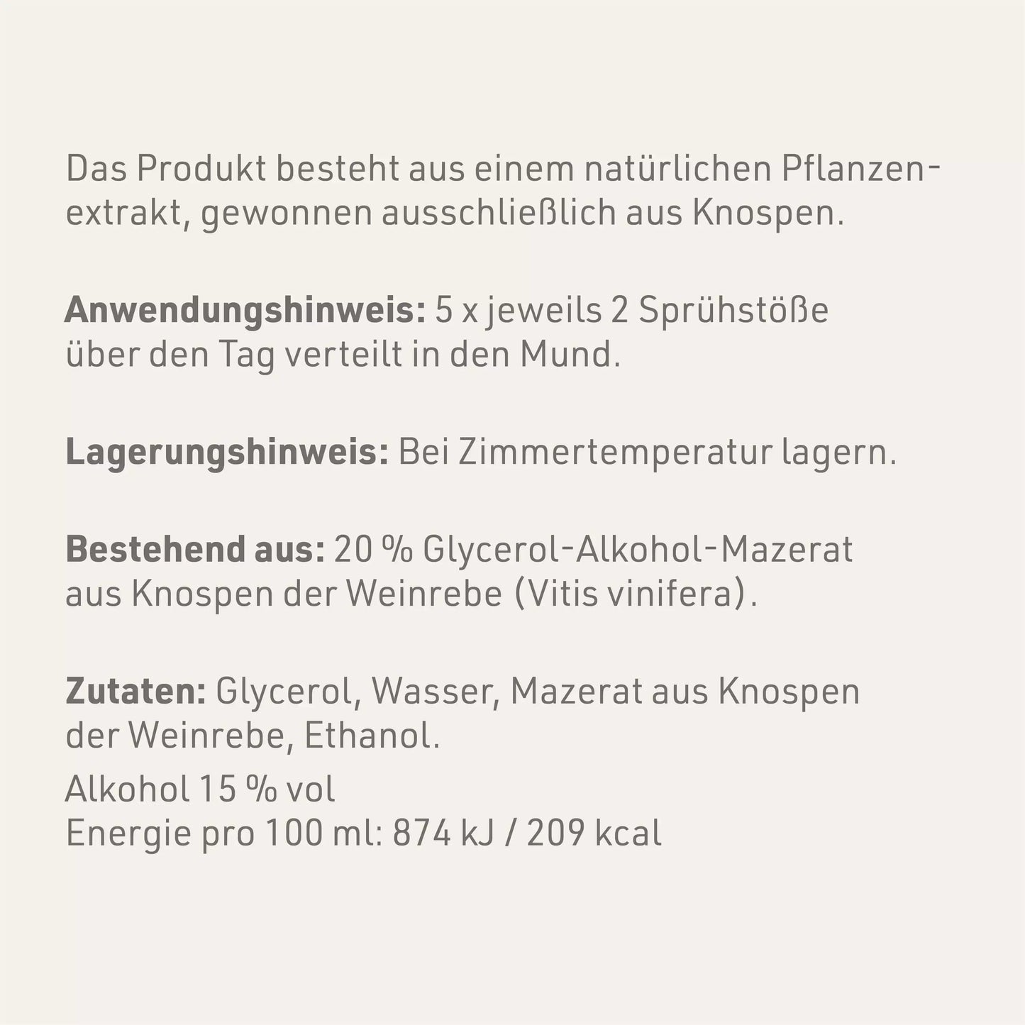 Produktetikett "Weinrebe - Gemmomazerat" mit Inhaltsstoffen und -angaben