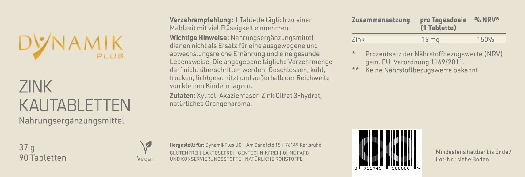 Produktetikett mit Inhaltsstoffen und -angaben