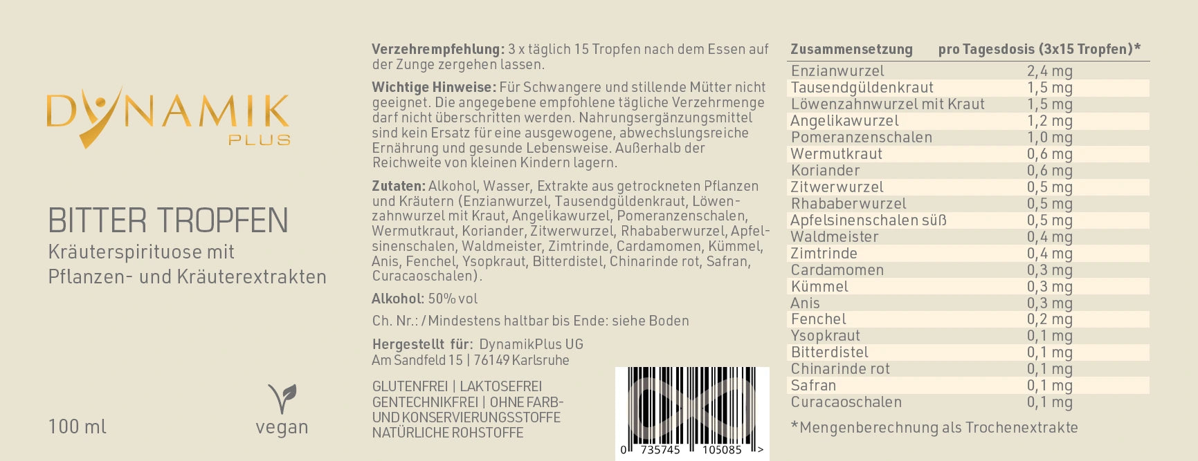 DYNAMIKPLUS Etikett "Bitter Tropfen"