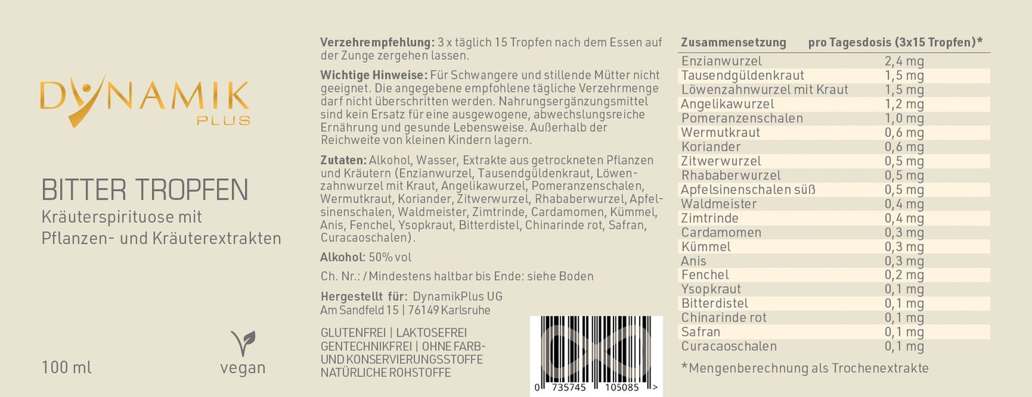 DYNAMIKPLUS Etikett "Bitter-Tropfen" mit Inhaltsstoffen und -angaben