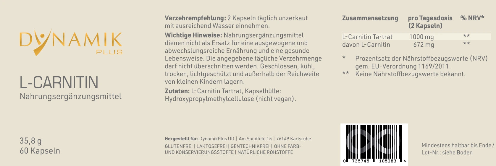 Produktetikett "L - Carnitin" mit Inhaltsstoffen und -angaben
