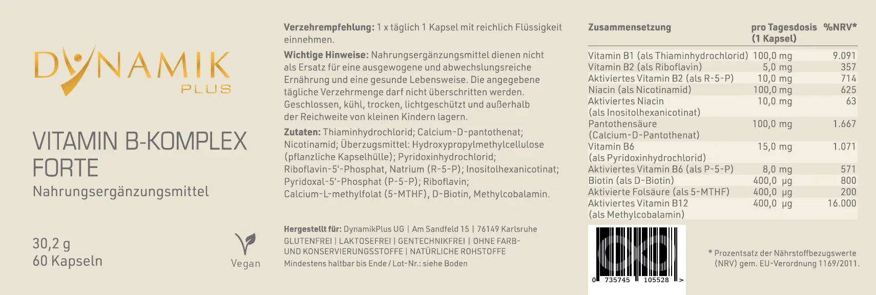 Etikett "Vitamin B - Komplex" mit Inhaltsstoffen und -angaben