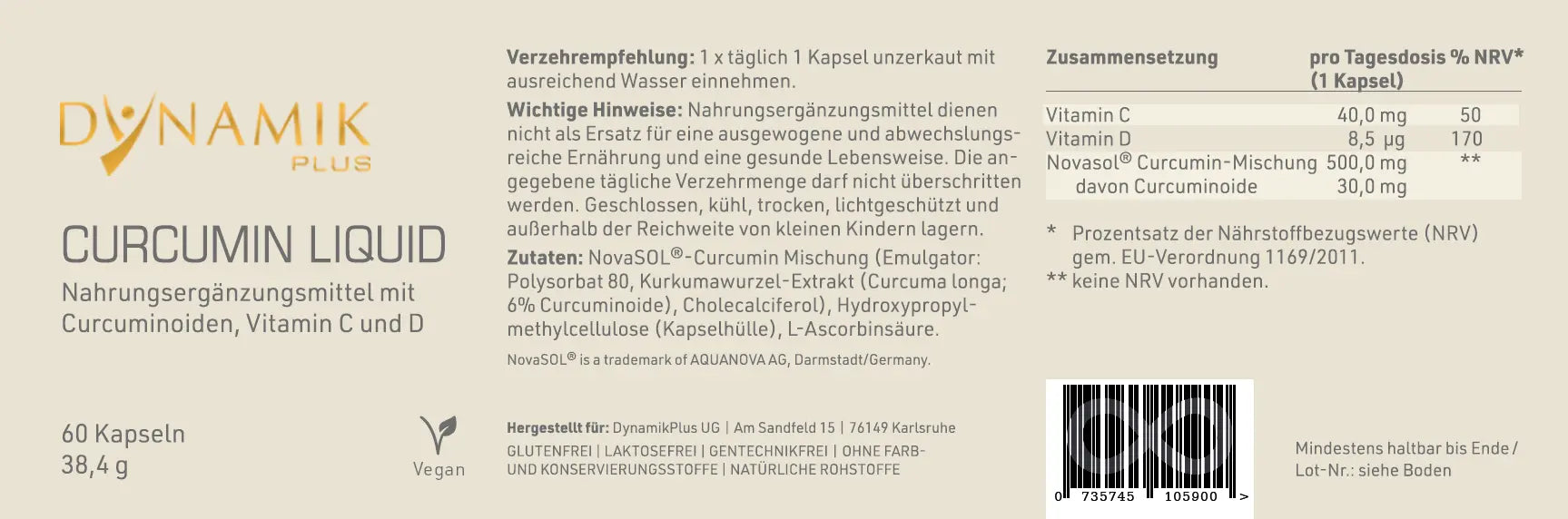 Produktetikett "Curcumin Liquid" mit Inhaltsstoffen und -angaben