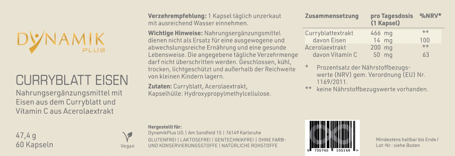Produktetikett "Curryblatt Eisen" mit Inhaltsstoffen und -angaben