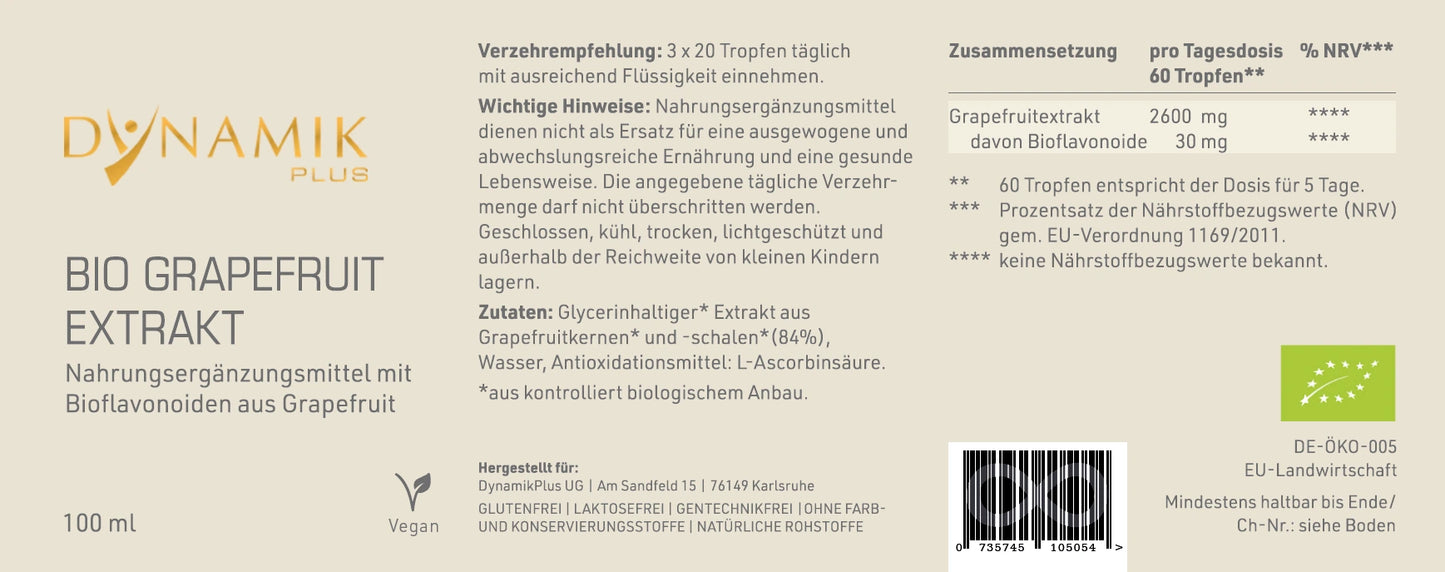 Produktetikett "Bio Grapefruit Extrakt" mit Inhaltsstoffen und -angaben
