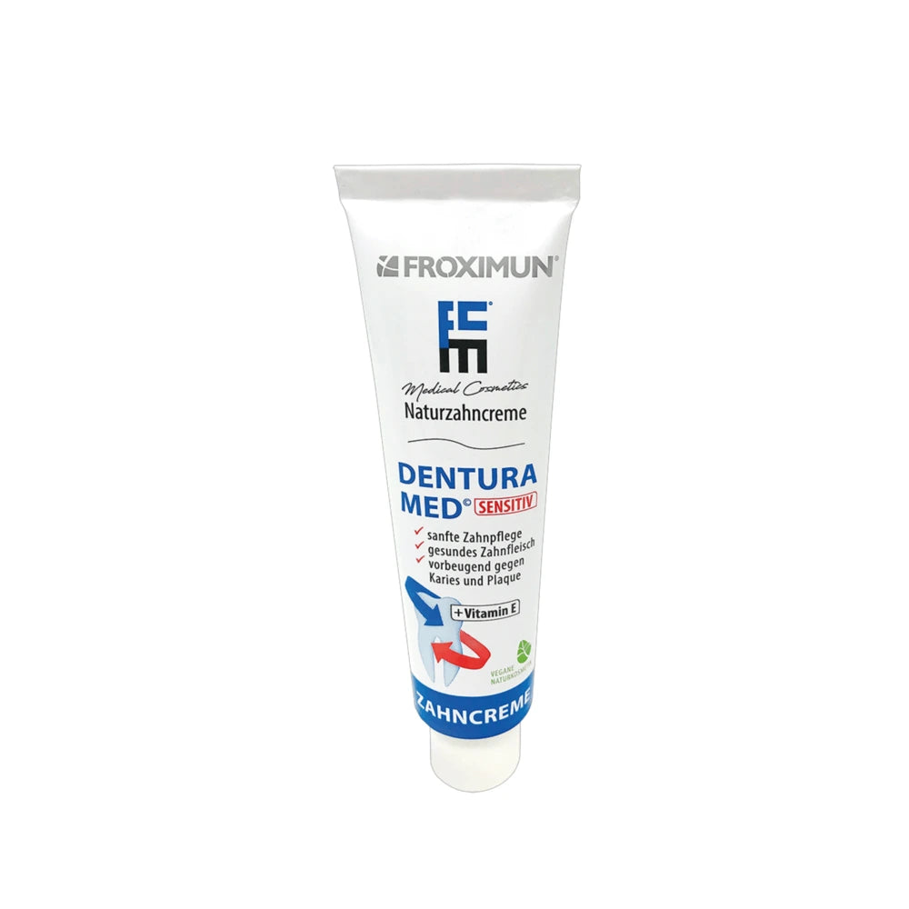 Weiße Zahncremetube von FROXIMUN mit "Dentura Med Sensitiv" Print