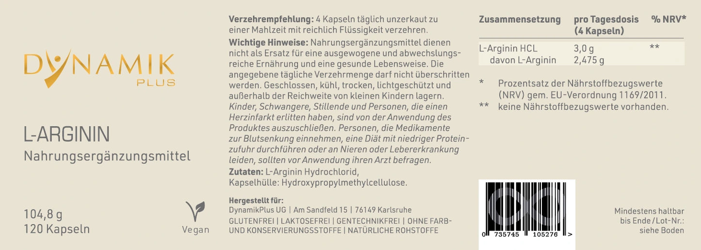 DYNAMIKPLUS Etikett "L-Arginin" mit Inhaltsstoffen und -angaben
