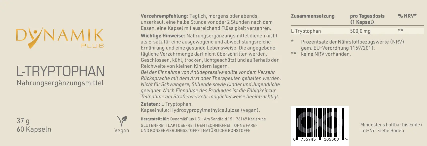 Produktetikett "L - Tryptophan" mit Inhaltsstoffen und -angaben