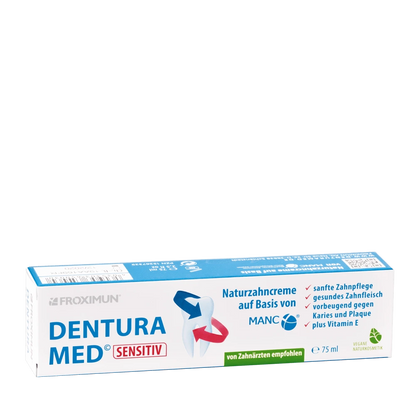 Weiße Verpackung von FROXIMUN mit "Dentura Med Sensitiv" Aufdruck