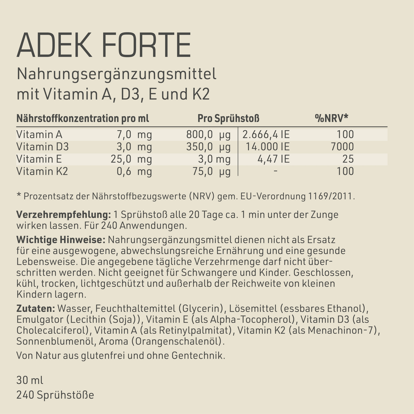 ADEK Forte Etikett Rückseite mit Inhaltsstoffen und -angaben