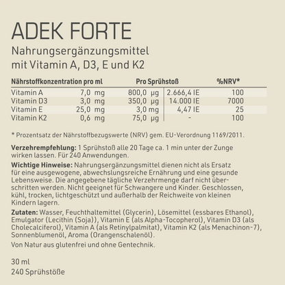 ADEK Forte Etikett Rückseite mit Inhaltsstoffen und -angaben