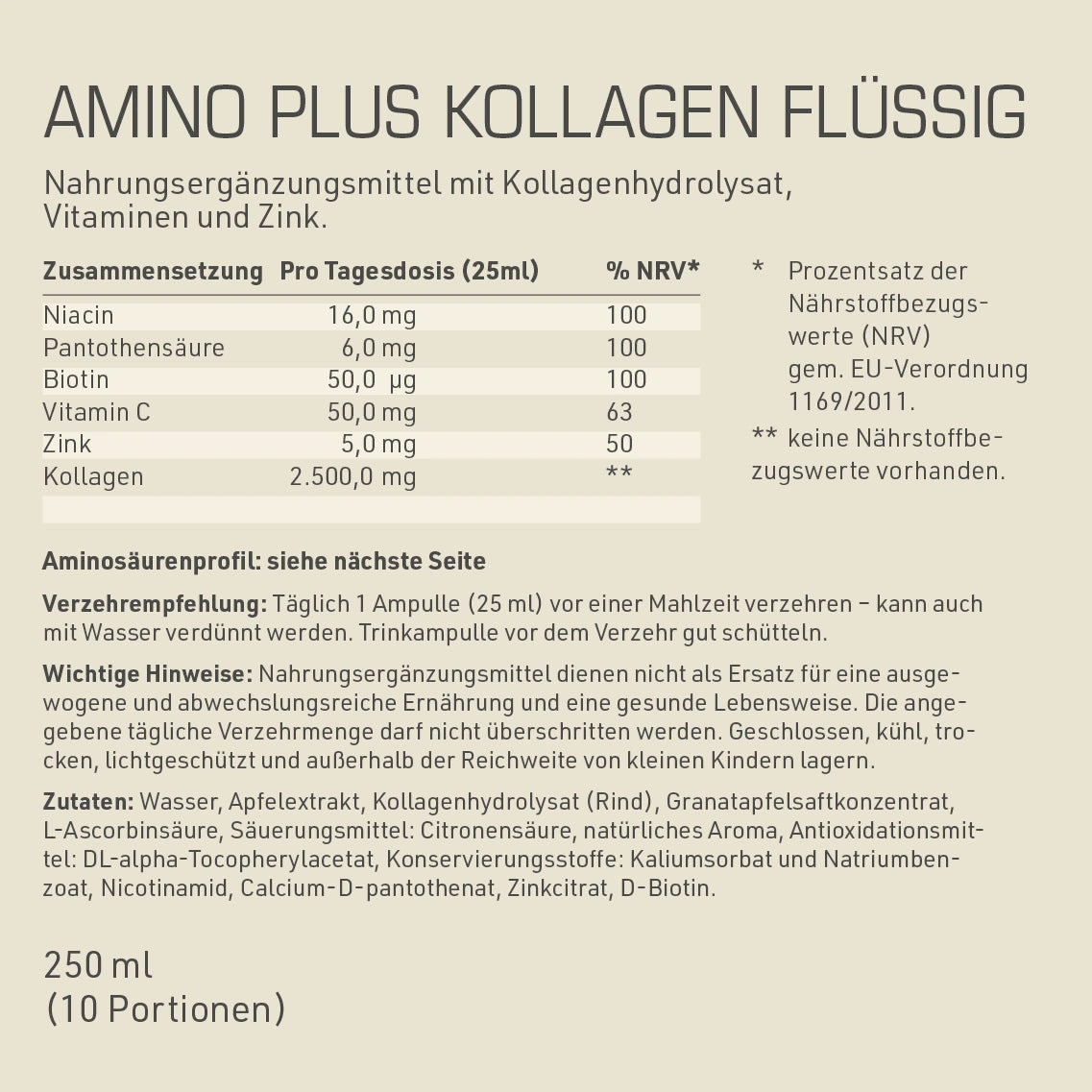 DYNAMIKPLUS Amino Plus Kollagen Flüssig Zusammensetzung, Verzehrempfehlung und Zutaten