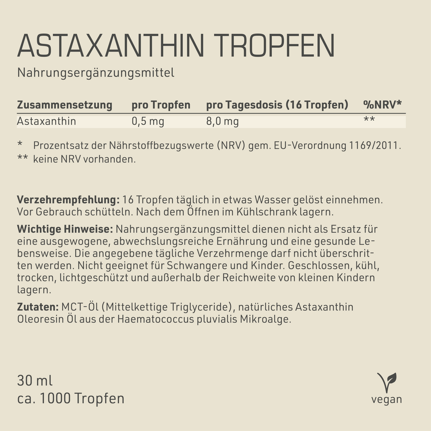 Astaxanthin Tropfen Etikett Rückseite mit Inhaltsstoffen und -angaben