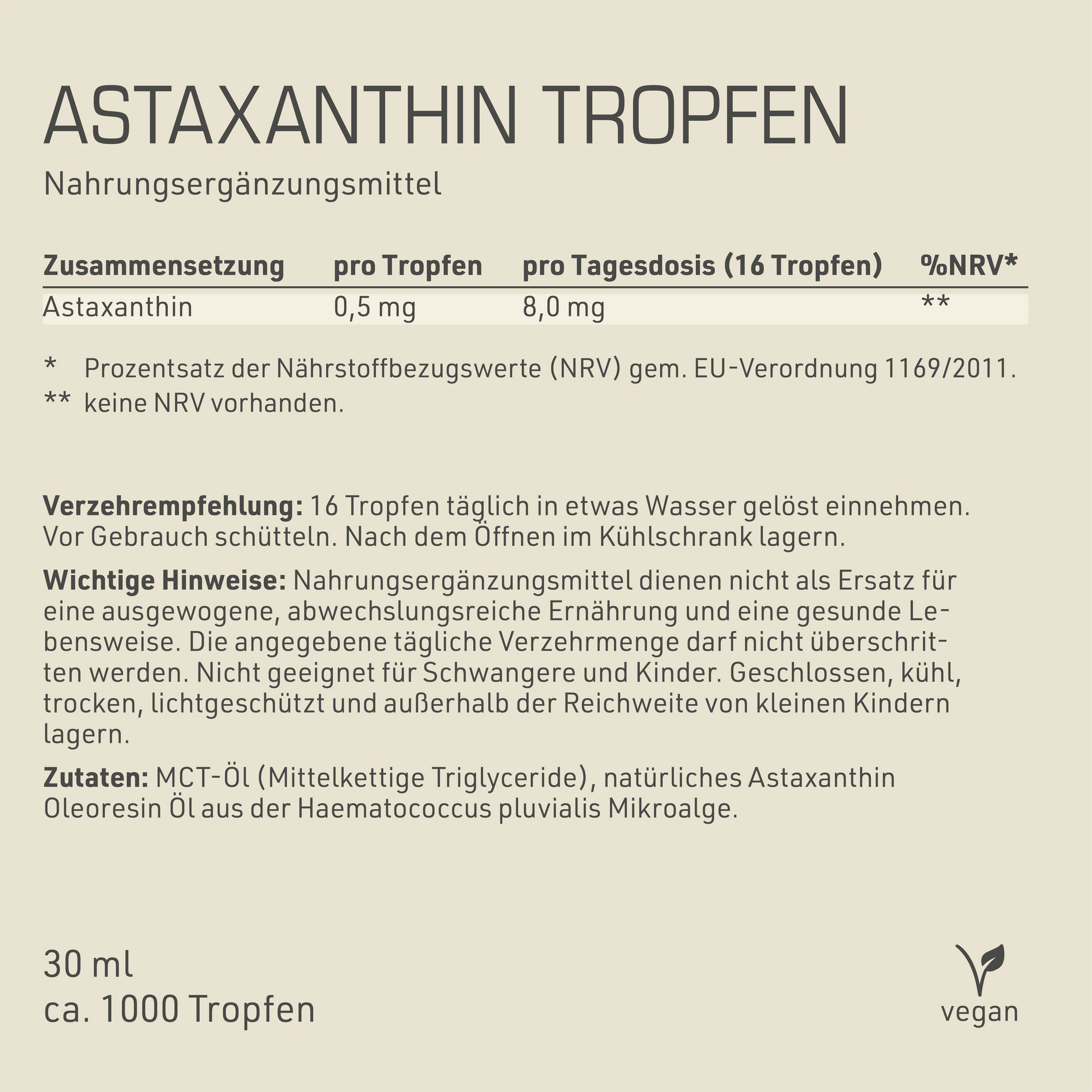Astaxanthin Tropfen Etikett Rückseite mit Inhaltsstoffen und -angaben