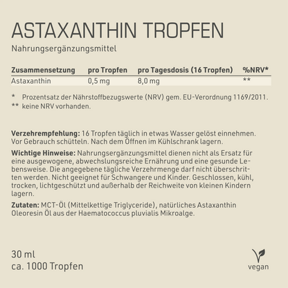 Astaxanthin Tropfen Etikett Rückseite mit Inhaltsstoffen und -angaben
