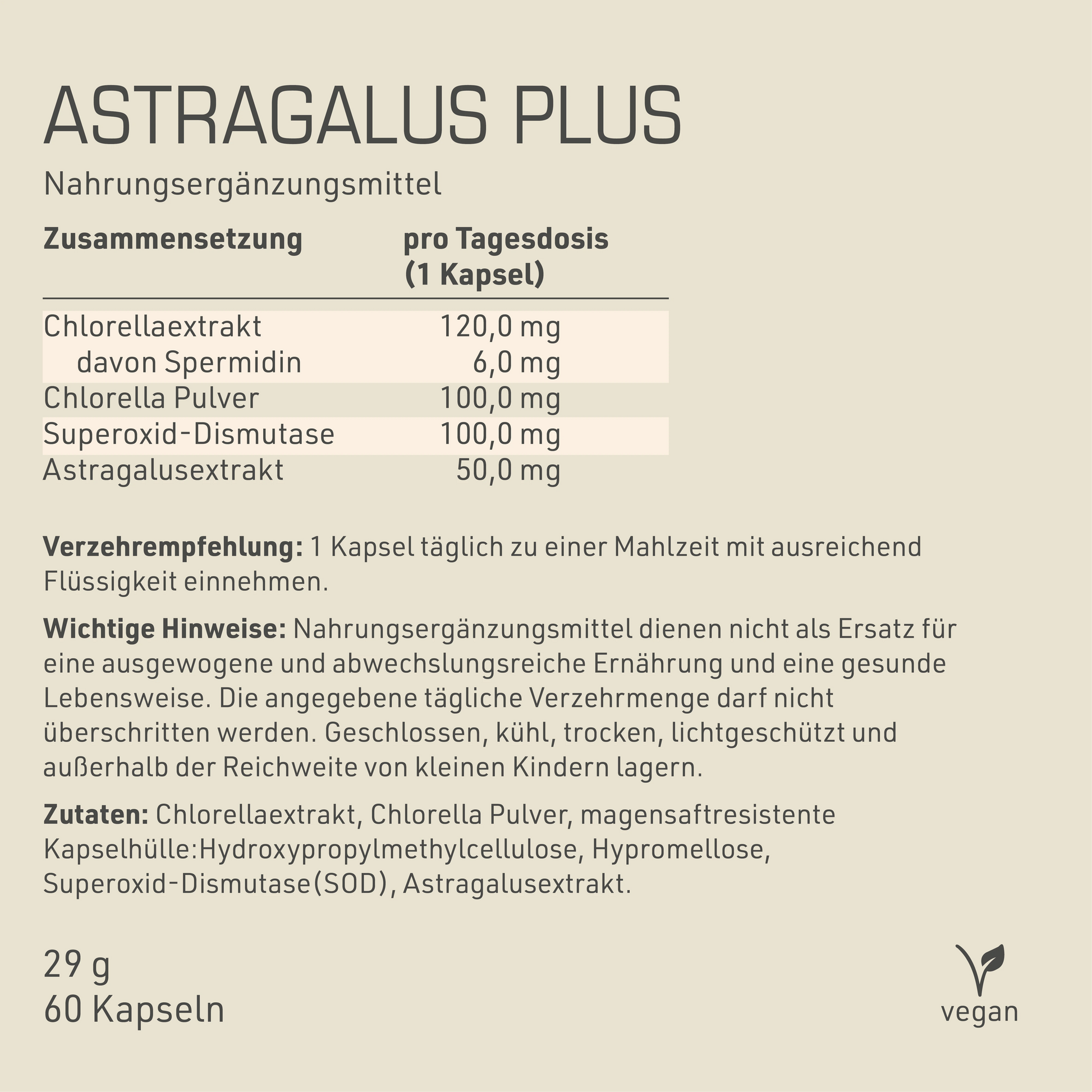 Astragalus Plus Etikett Rückseite mit Inhaltsstoffen und -angaben