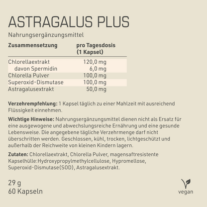 Astragalus Plus Etikett Rückseite mit Inhaltsstoffen und -angaben