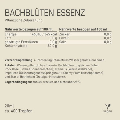 Bachblüten Essenz Etikett Rückseite mit Inhaltsstoffen und -angaben