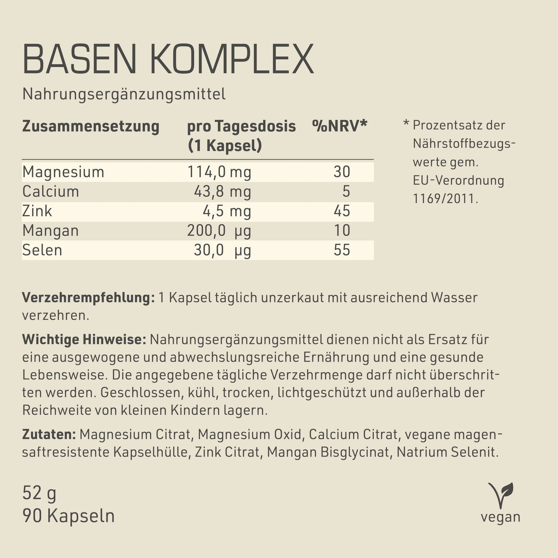 Basen Komplex Etikett Rückseite mit Inhaltsstoffen und -angaben