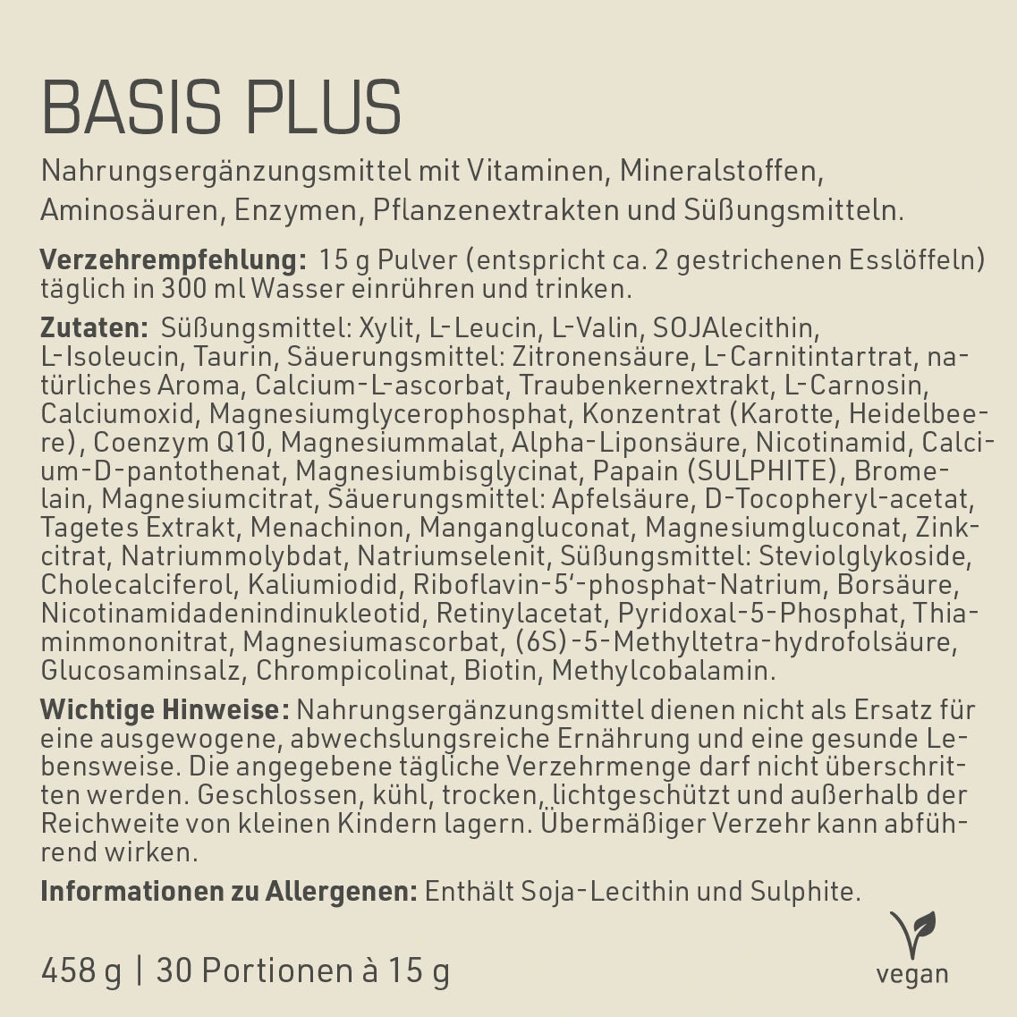 Basis Plus Etikett mit Inhaltsstoffen
