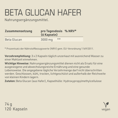 Beta Glucan Hafer Etikett Rückseite mit Inhaltsstoffen und -angaben