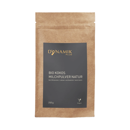 Beige Kartontasche mit DYNAMIKPLUS Etikett "Bio Kokos Milchpulver Natur"