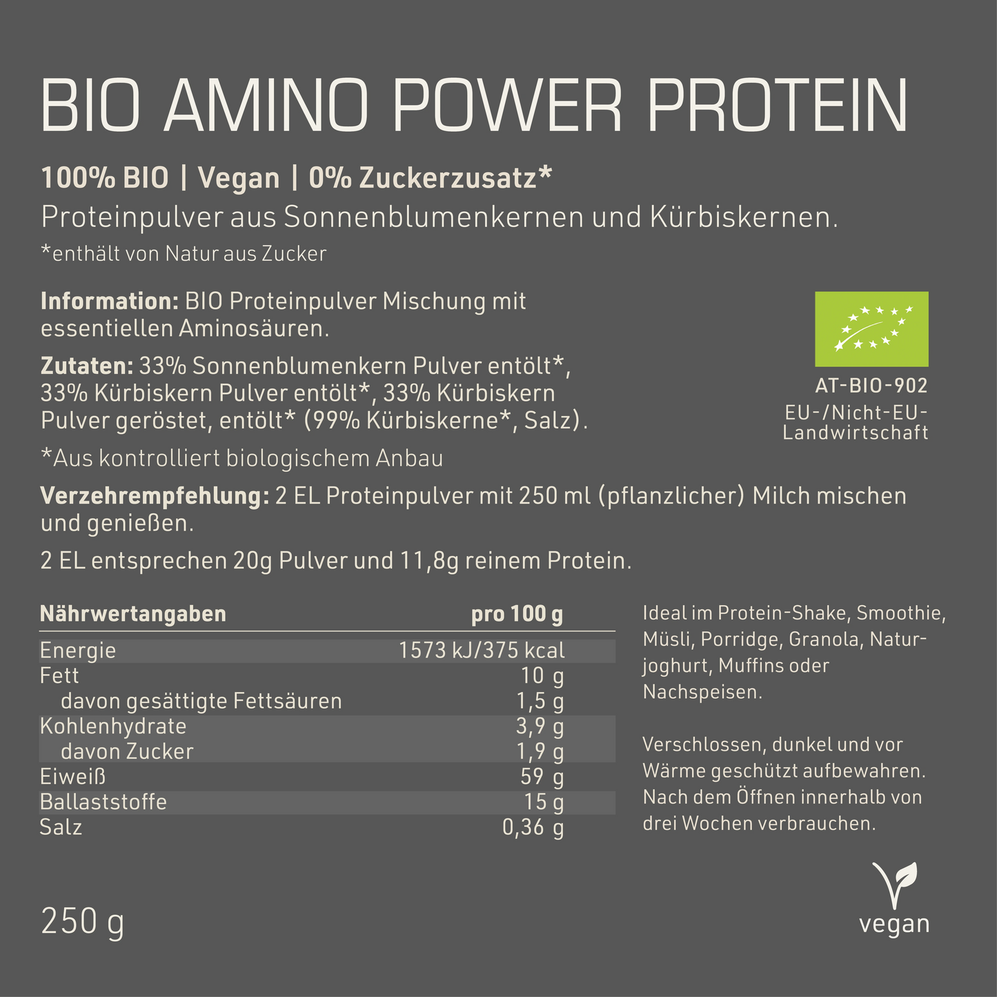 Bio Amino Power Protein Etikett mit Inhaltsstoffen und -angaben