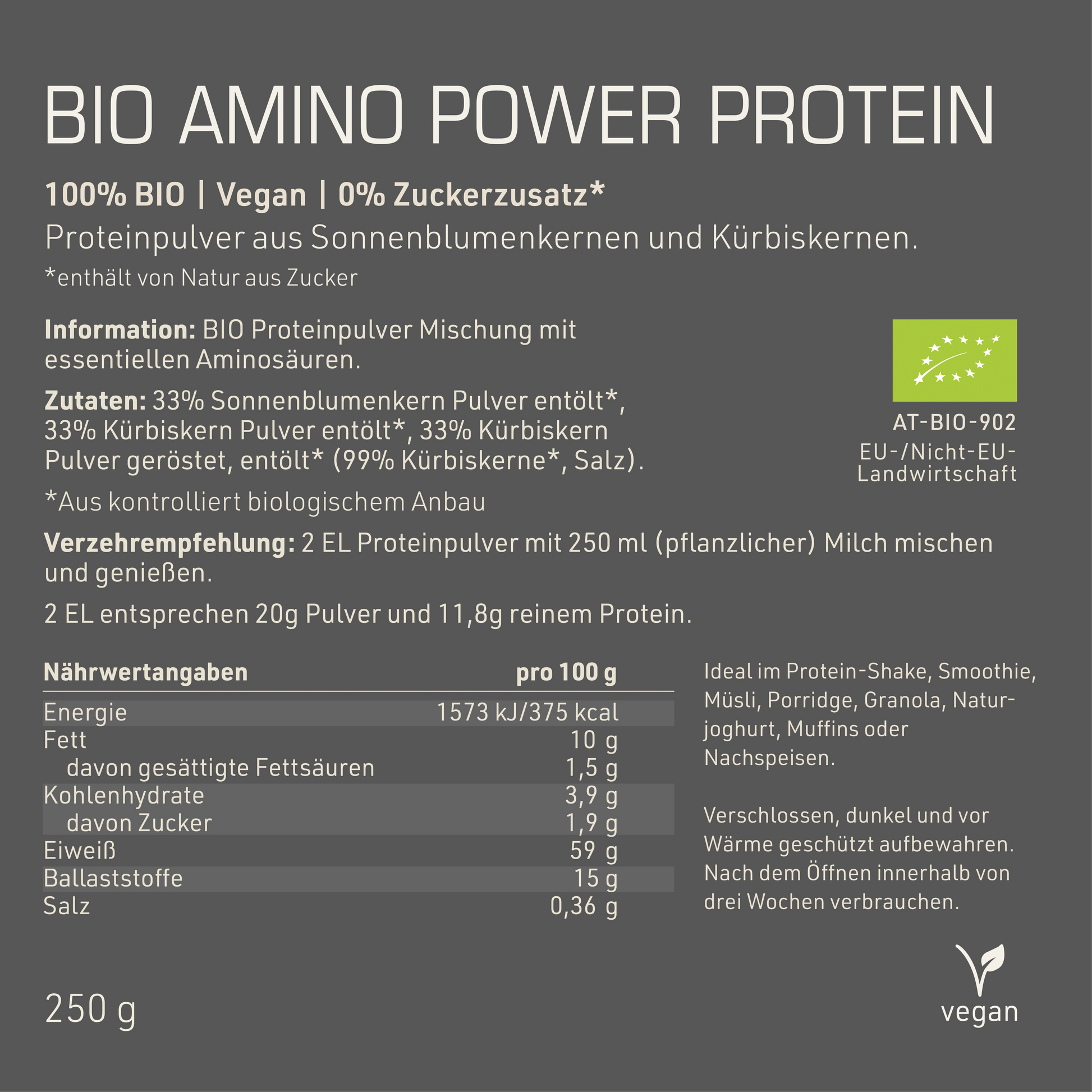 Bio Amino Power Protein Etikett mit Inhaltsstoffen und -angaben