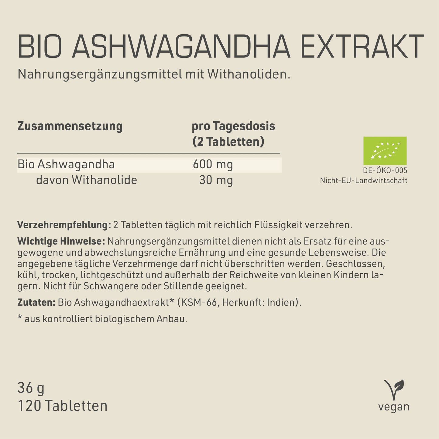 Bio Ashwagandha Extrakt Etikett Rückseite mit Inhaltsstoffen und -angaben