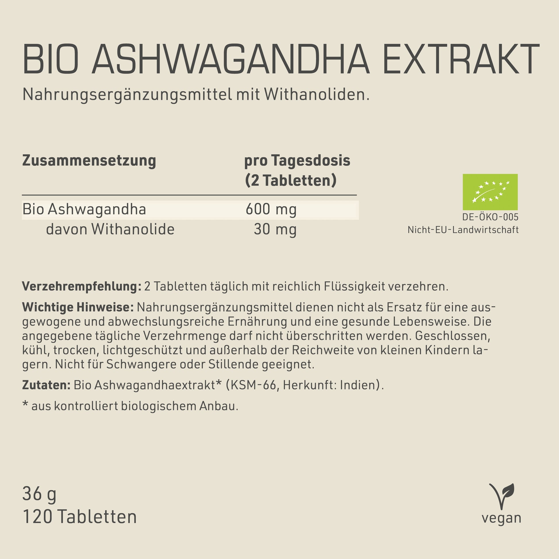 Bio Ashwagandha Extrakt Etikett Rückseite mit Inhaltsstoffen und -angaben