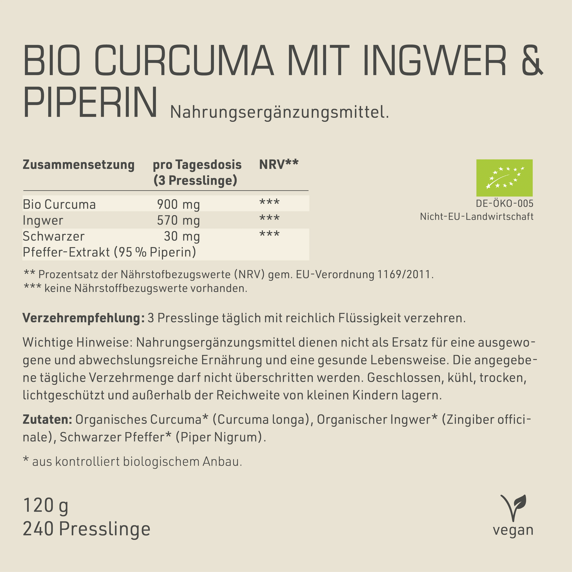 Bio Curcuma mit Ingwer & Piperin Etikett Rückseite mit Inhaltsstoffen und -angaben