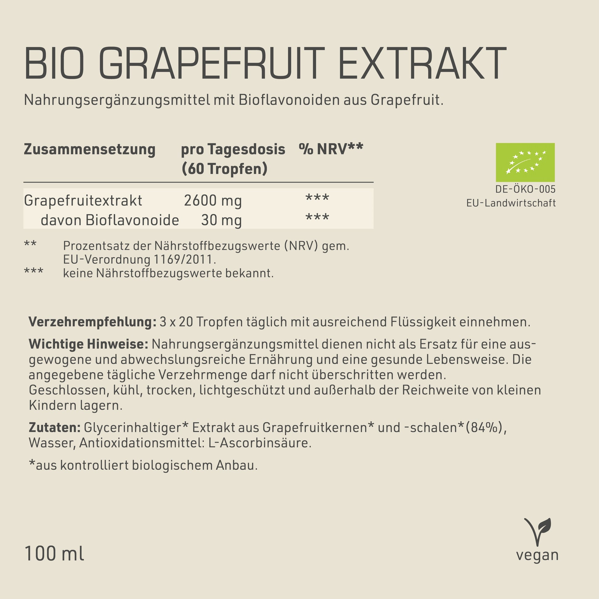 Bio Grapefruit Extrakt Etikett Rückseite mit Inhaltsstoffen und -angaben