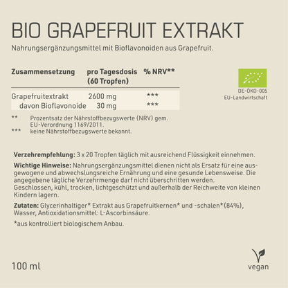 Bio Grapefruit Extrakt Etikett Rückseite mit Inhaltsstoffen und -angaben