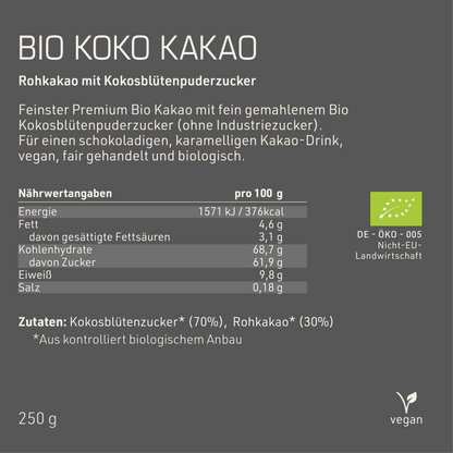 Bio Koko Kakao Etikett Rückseite mit Inhaltsstoffen und -angaben