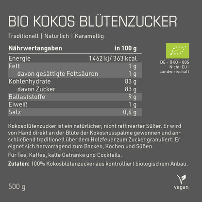 Bio Kokos Blütenzucker Etikett mit Nährwertangaben