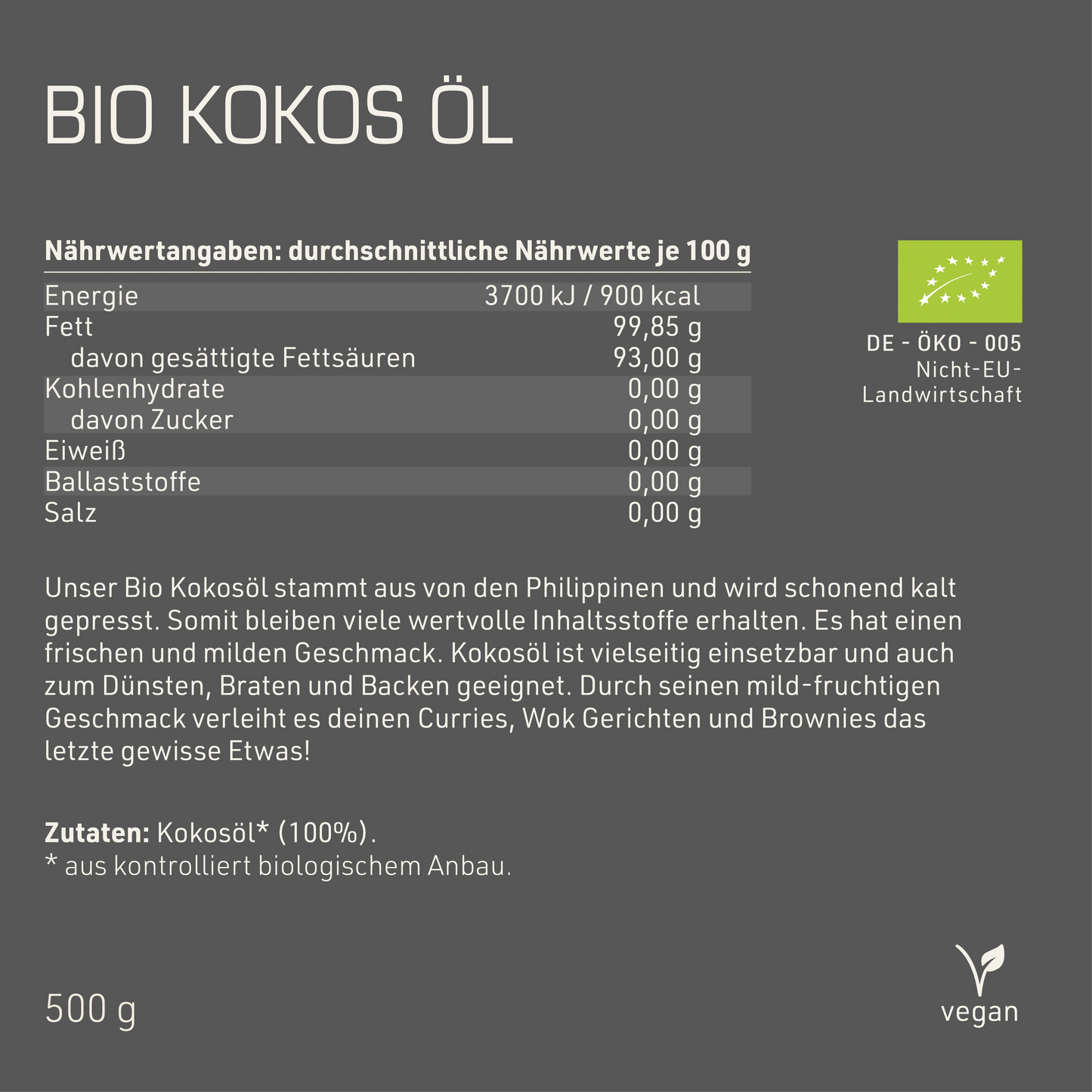 Bio Kokos Öl Etikett Rückseite mit Inhaltsstoffen und -angaben