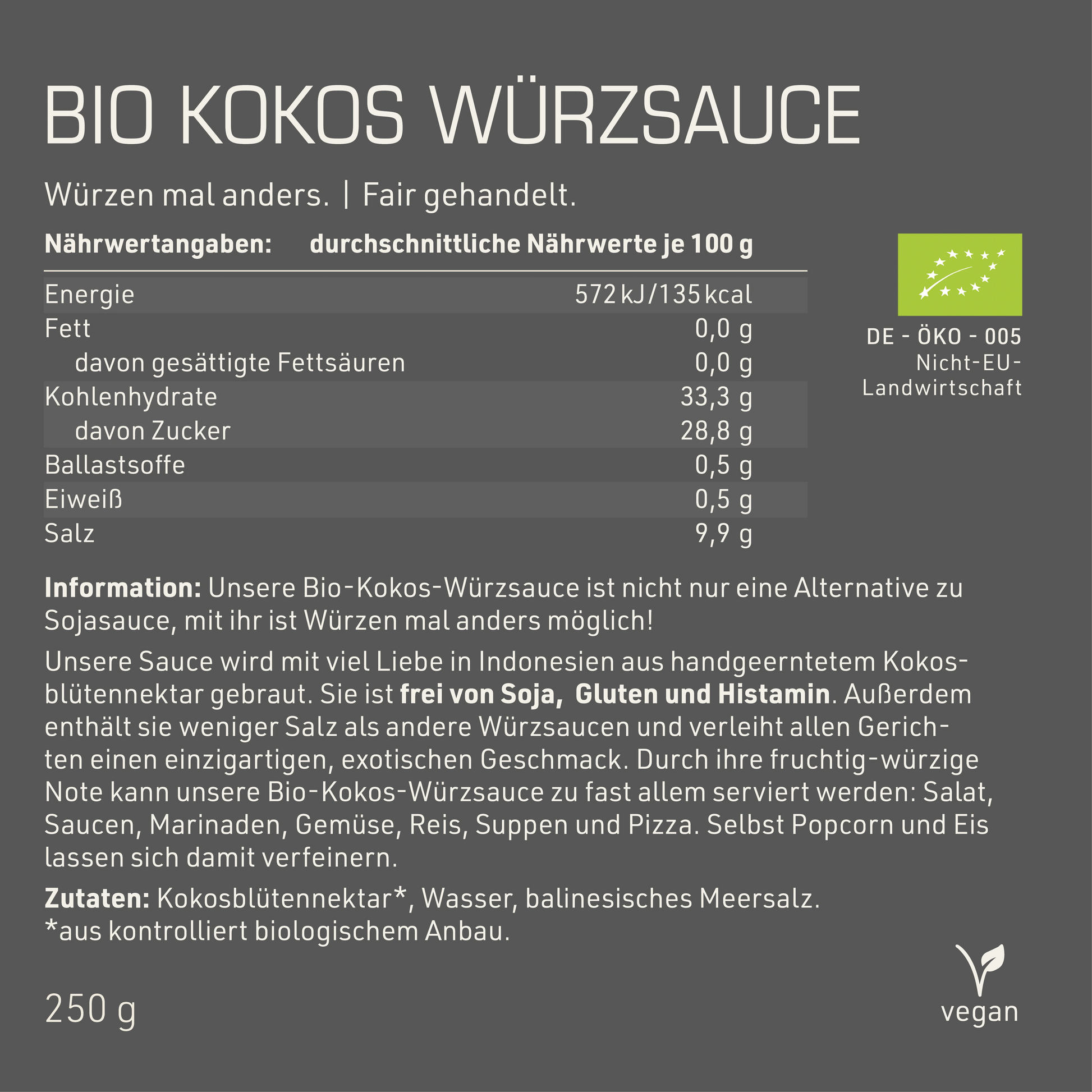 Bio Kokos Würzsauce Etikett Rückseite mit Inhaltsstoffen und -angaben