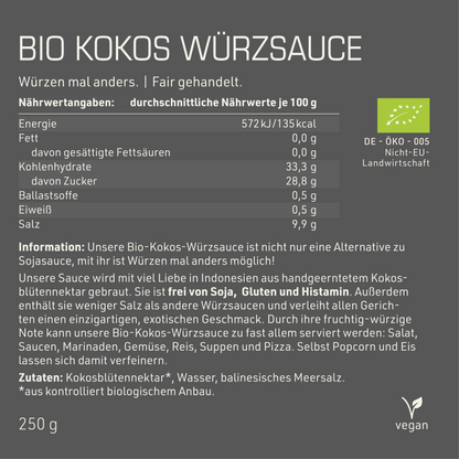 Bio Kokos Würzsauce Etikett Rückseite mit Inhaltsstoffen und -angaben