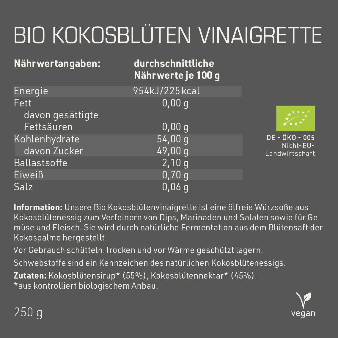 Bio Kokosblüten Vinaigrette Etikett Rückseite mit Nährwertangaben