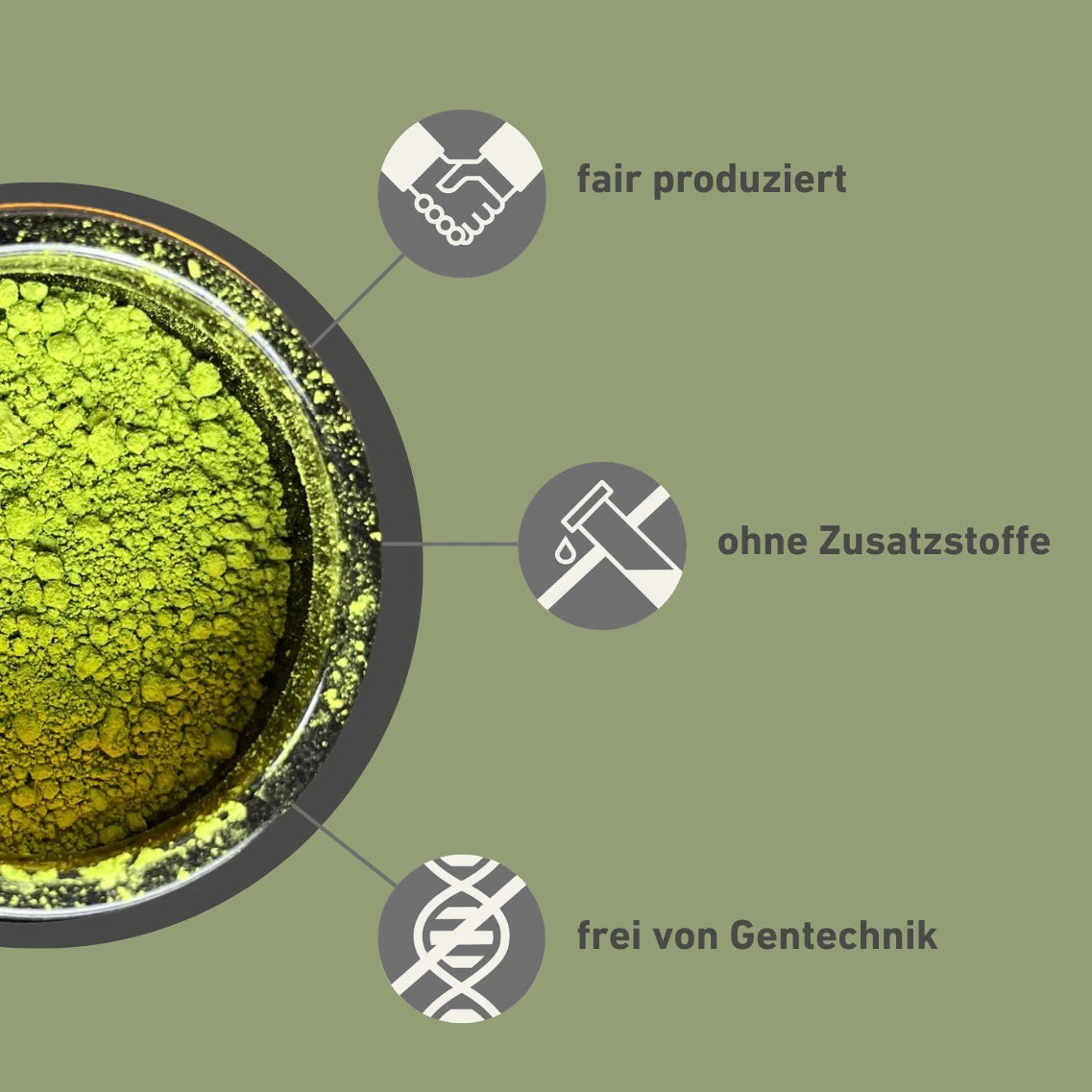 Bio Matcha Icons zur fairen Produktion, gentechnikfrei und ohne Zusatzstoffe