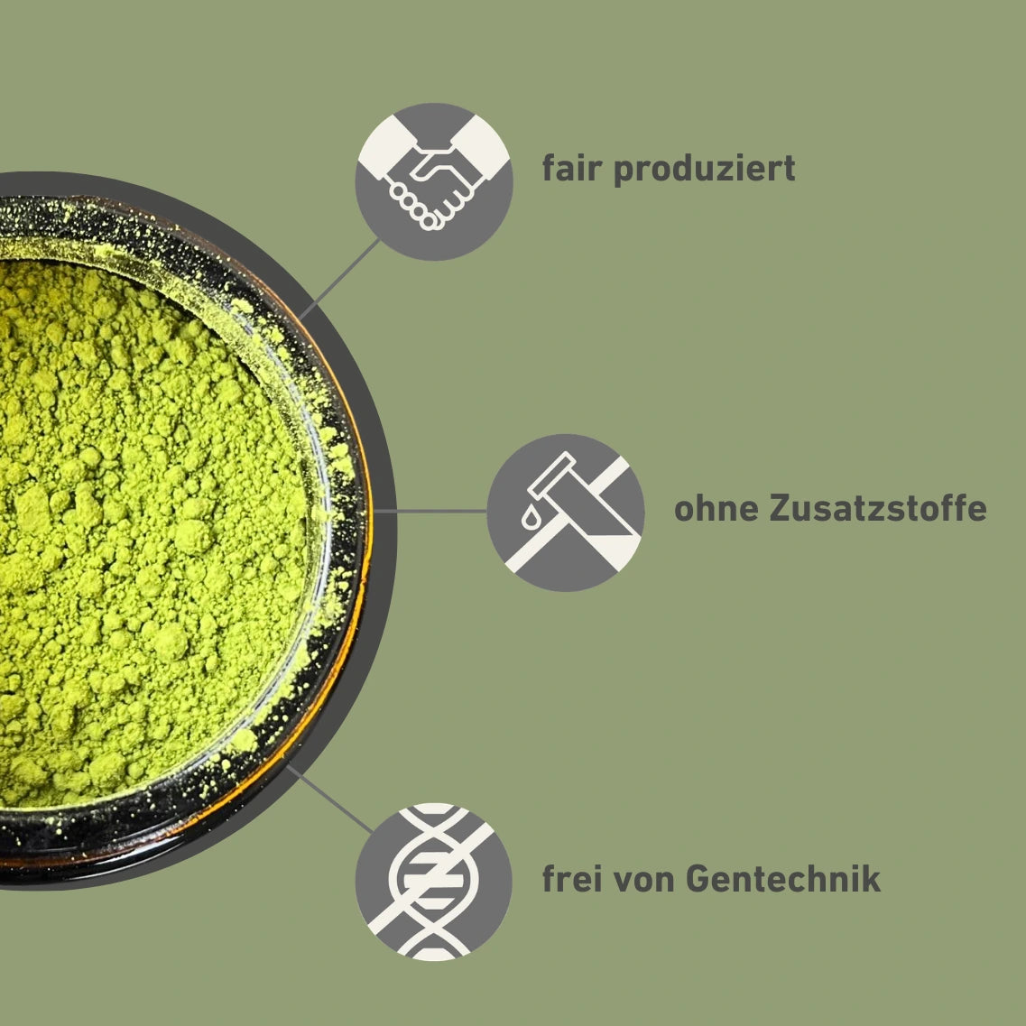 Bio Matcha Asatsuyu mit Icons zur fairen Produktion, gentechnikfrei und ohne Zusatzstoffe