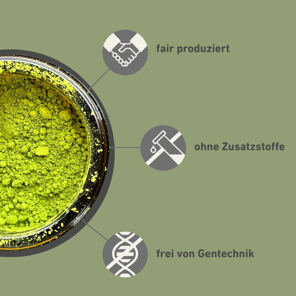 Bio Matcha Kanayamidori Icons zur fairen Produktion, gentechnikfrei und ohne Zusatzstoffe